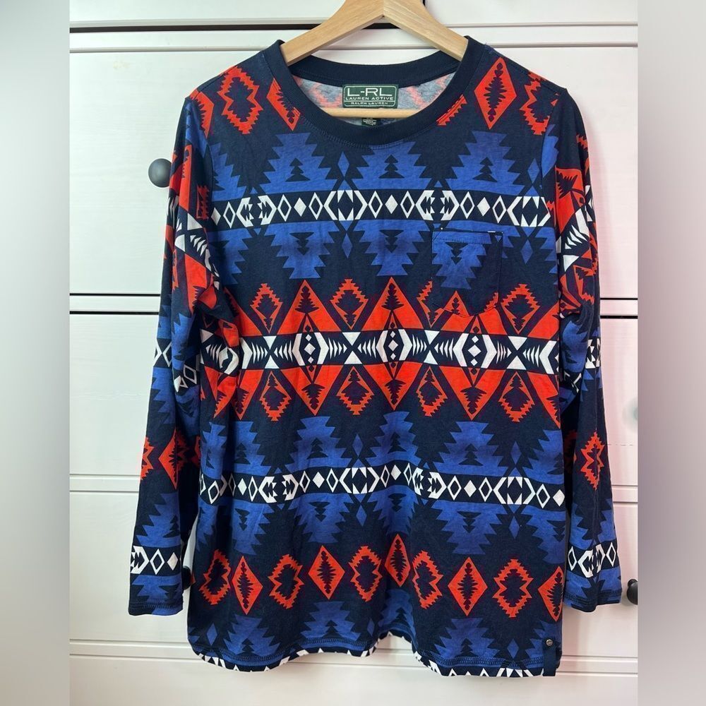 RLX Ralph Lauren Long Sleeve Aztec Geometric Top - Blue & Red